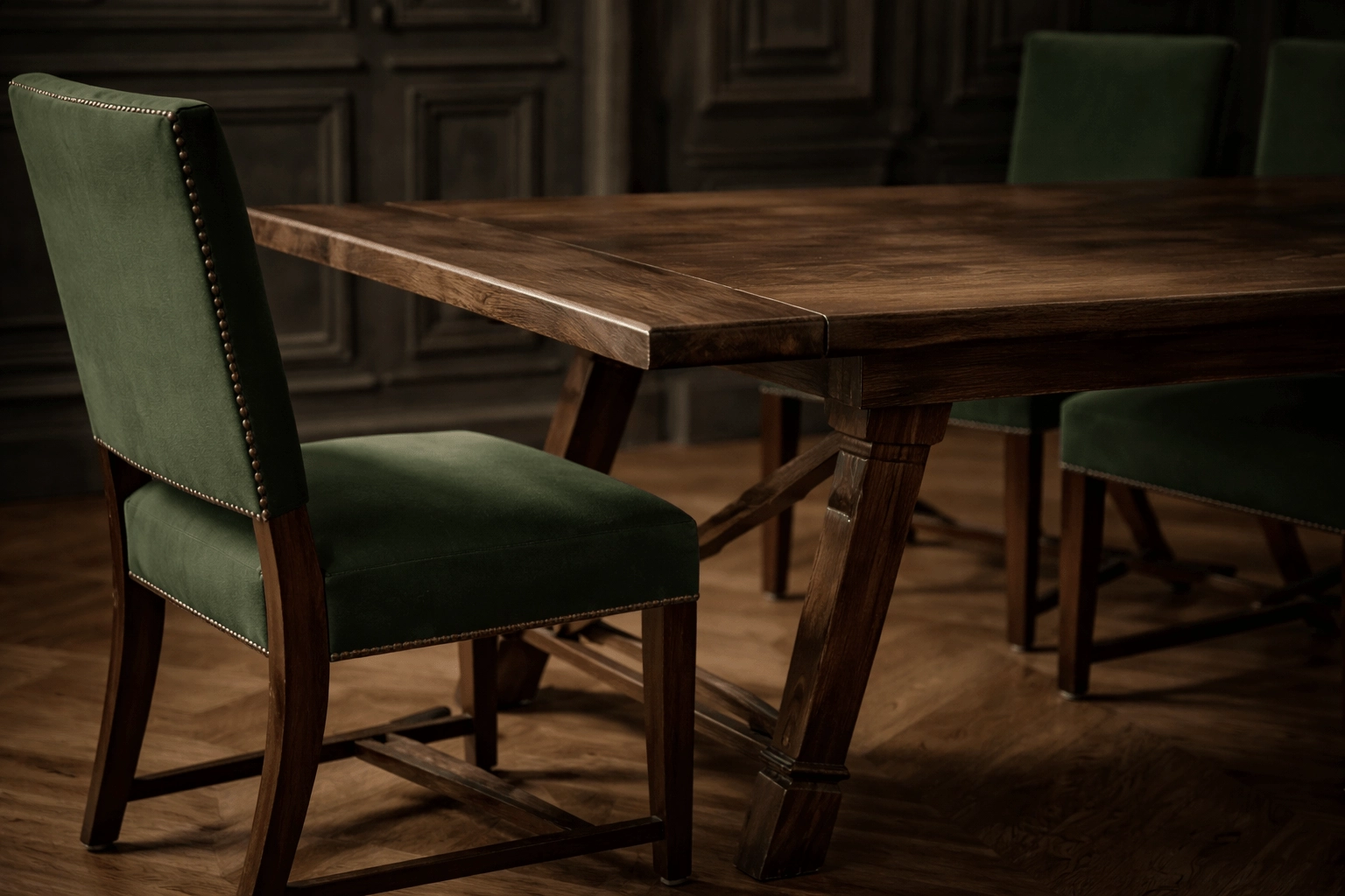 Solid mahogany trestle dining table with upholstered chairs — Reeva Sethi Home showroom, Saratoga California